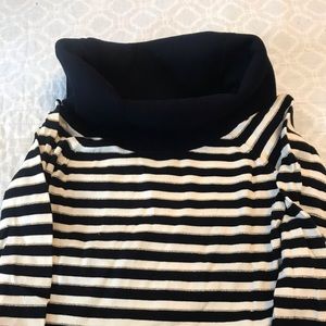 Cache cowl neck sweater w/navy/gold/cream stripes